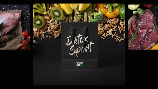 Чёрный бумажный пакет Detox Sport на фоне овощей и фруктов — ИЗДИДЖИТЛ